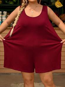 SHEIN CURVE+ 女款大尺碼純色圓領口袋休閒軟挺商務休閒寬鬆連身褲，適合早午餐、度假，酒紅色，夏季 - 酒紅色 - 查看 6