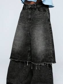 COUREZ Low Rise Layered Jorts Over Baggy Jeans In Black Wash/Y2K Autumn Clothes For Women Outfits Wide Leg Jeans Oversized Concert Bottoms Pants For Women - Grey - View 6