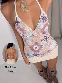 Glamine Top de tirantes finos sin espalda con bordado de lentejuelas verde para mujer, top sexy de moda para vacaciones, top con bordado de lentejuelas - Blanco - Ver 6
