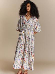 Écloséra French Country-Style Floral V-Neck Maxi Dress With A Drawstring Waist And Three-Quarter Lantern Sleeves-A Versatile, Casual Piece For Autumn Styling. - White - View 4