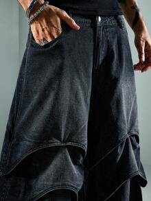 ROMWE MEN Street Life Men's Structural Asymmetric Button Pocket Loose Fit Jeans - Black - View 2