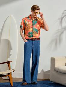 VeloEdit Loose Fit Tropical Print Shirt For Men, No Tee Long Sleeve - Orange - View 2