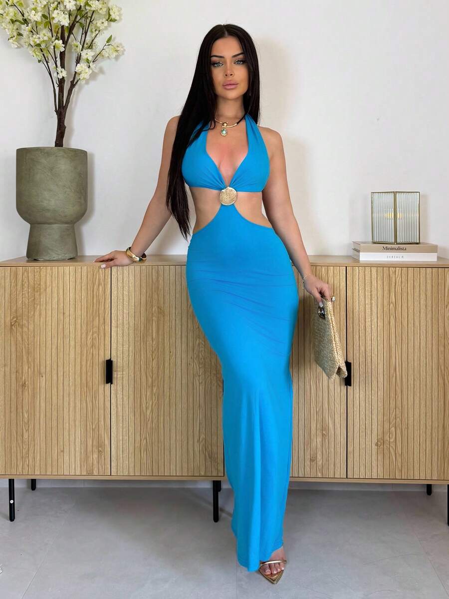 Vassilux Women's Sexy Beach Vacation Deep V Metal Shell Buckle Decor Halter Backless Fitted Long Dress, Blue,Summer Dress,Vacation Dress Elegant - Teal Blue - View 1