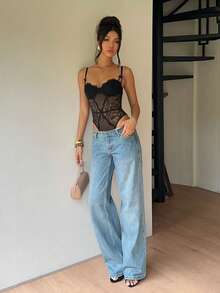 Aloruh Sexy Elegant Lace Mesh Patchwork Bodysuit Night Out Date Night Club Black Summer - Black - View 6