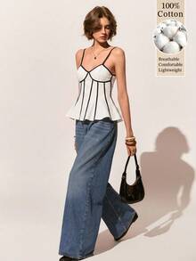 Poéselle 100% Pure Slub Cotton Color Trim Cami Tank Women, Summer Fashion Sleeveless Vest, Fall Winter Inner Layering Top For Back To School - White - View 9