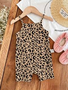 SHEIN LMoss Kids 復古美拉德卡其豹紋波點圖案，Chill Chill，嬰兒與女嬰圖案，女嬰休閒細肩帶連身褲，適合春夏季 - 彩色 - 查看 4