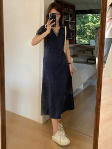 DAZY 女士V领休闲条纹中长连衣裙，适合工作、夏季穿着，衬衫裙/长裙 - 藏蓝色 - 查看 5