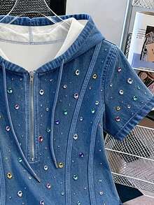 Resyla Half-Zip Hooded Short Sleeve Denim Effect Faux Rhinestone T-Shirt, Spring/Summer New Design Asymmetrical Top - White - View 4