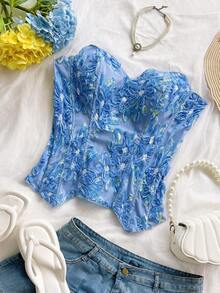Soleia Women's Plus Size 3D Floral Decor Asymmetric Hem Bandeau Top - Baby Blue - View 6
