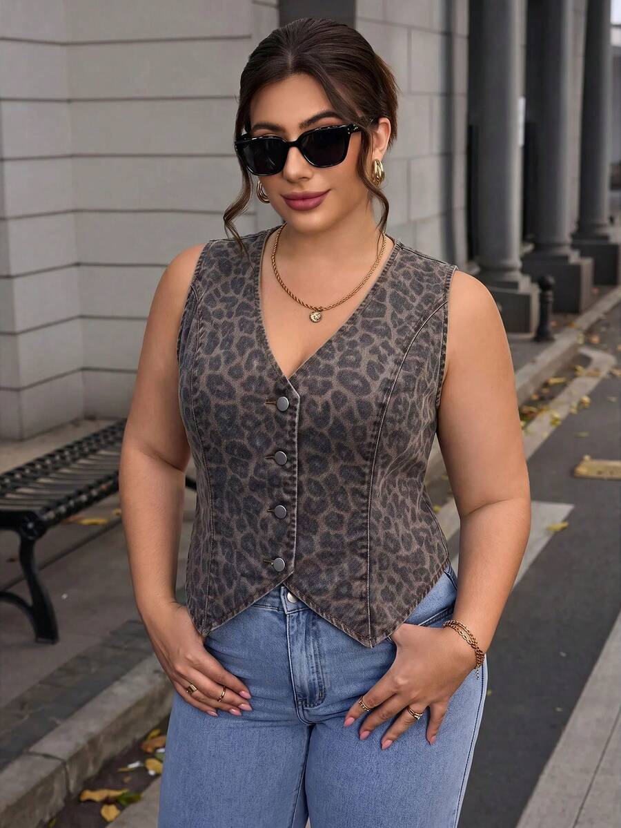 SHEIN Essnce 大尺碼女款豹紋單排扣牛仔背心外套 - 彩色 - 查看 1