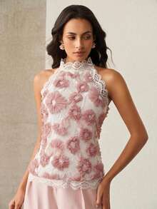 Anewsta Women's Heavy-Duty Stand Collar Textured Floral Fabric Lace Patchwork Top - Pink - View 1