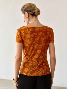 MOTF PREMIUM COWL NECK KNIT JACQUARD SLIM FIT SHORT SLEEVE T-SHIRT - Brown - View 6