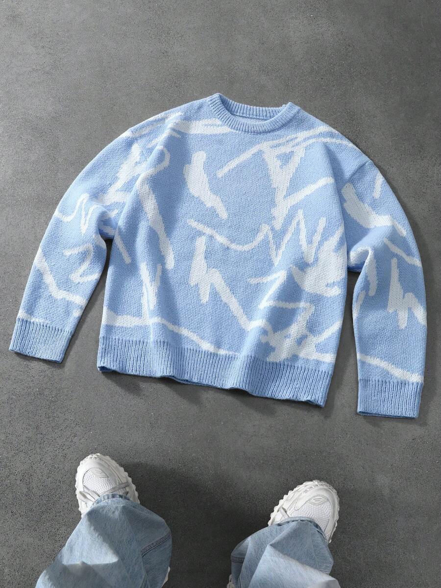 Manfinity Hypemode Men's Colorblock Crew Neck Casual Versatile Daily Wear Long Sleeve Sweater - Baby Blue - View 1
