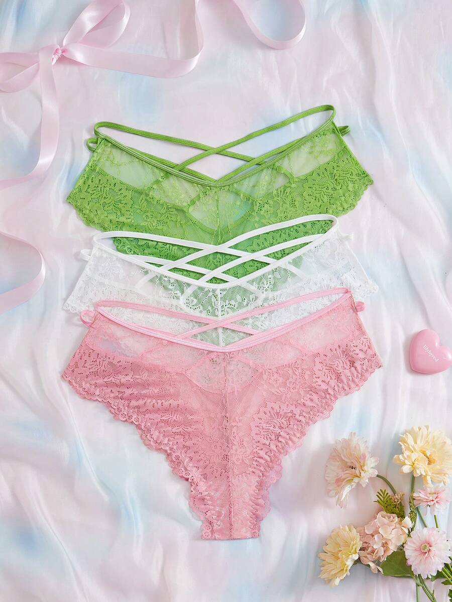 Eraneu Plus Size Lace Panties 3-Piece Set - Multicolor - View 1