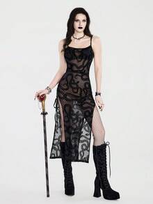 Breakform Gaun Maxi Slim Fit Gaya Gothic Gelap Musim Panas Wanita, Desain Belahan Samping dengan Tali Pengikat, Kain Jala Jacquard Berbulu Motif Ular, Tali Bahu Tipis - Hitam - View 5