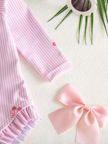 SHEIN Newborn Striped Cherry Print One-Piece Swimsuit - Baby Pink - View 7