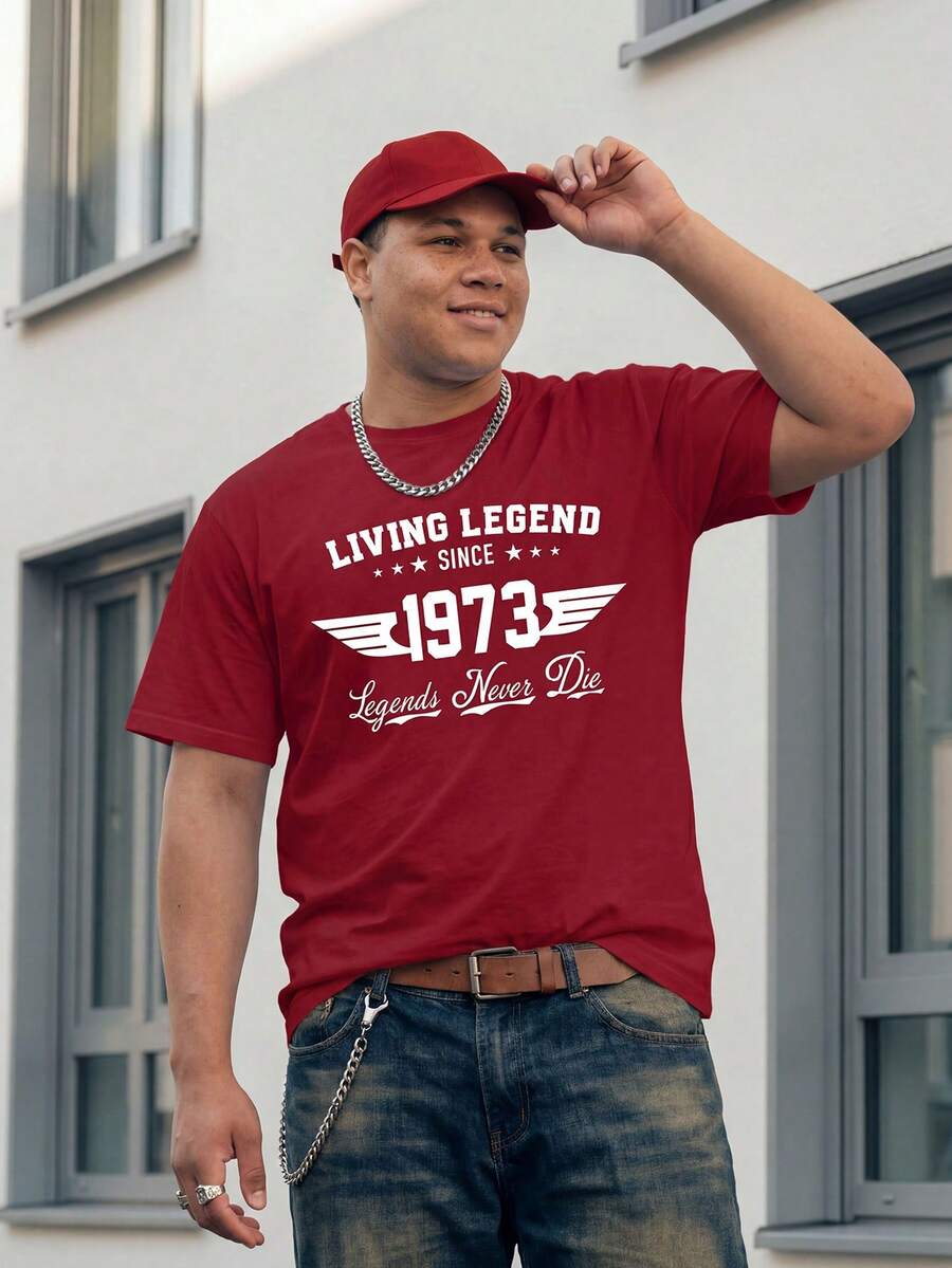Manfinity EZcore Plus Size Men's Summer Letter Print Round Neck Short Sleeve Casual T-Shirt - Burgundy - View 1