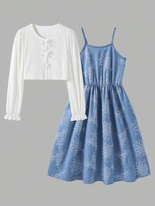 SHEIN 2件組 青少年女孩 春/秋季休閒針織羅紋蝴蝶結裝飾開襟上衣與印花細肩帶簡約洋裝 度假風套裝 - 彩色 - 查看 5