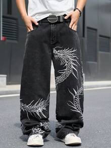 Manfinity EMRG 男士街頭風休閒刺繡黑色牛仔褲 - 黑色 - 查看 4