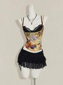 SHEIN ICON 女款豹紋透視細肩帶上衣搭配黑色蕾絲內衣 2件套 - 彩色 - 查看 4