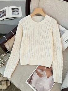 SHEIN 青少年女孩白色麻花編織繩結V領長袖毛衣，適合搭配大衣、牛仔褲和裙子 - 白色 - 查看 4