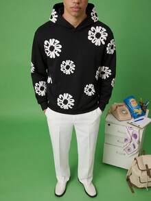 FROVYX Men's Casual Letter Print Hoodie, Autumn/Winter Black Flower Print Hoodie, Long Sleeve Top - Black - View 4