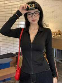 DAZY 女士常规版型休闲运动拉链飞行员夹克，春秋季女装外套 - 黑色 - 查看 10