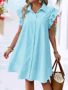 EMERY ROSE Vestido de vacaciones con botones a rayas de moda primavera/verano talla grande - Azul menta - Ver 5