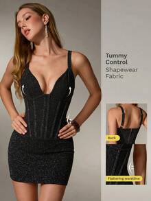 Nuvra Women's Mini Dress With Spaghetti Straps And V-Neck Design, Elegant Neckline, Slimming And Height-Enhancing - Black - View 6