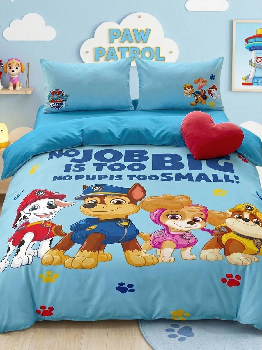 SHEIN | PAW Patrol 3件組藍色可愛小狗印花被套組(1件被套 + 2件枕套,不含芯),超細纖維材質,柔軟保暖,多尺寸可選,適用單人床/雙人床/加大床/特大床,可愛床上用品,春夏配色 - 寶藍色 - 查看 1