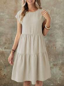 EMERY ROSE Spring/Summer Casual Everyday Outing Faux Linen Green Short Sleeve Round Neck Mid-Length Dress For Women - Silver - View 4
