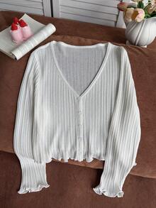 SHEIN 少女純色長袖單排扣休閒針織開襟衫 - 白色 - 查看 6