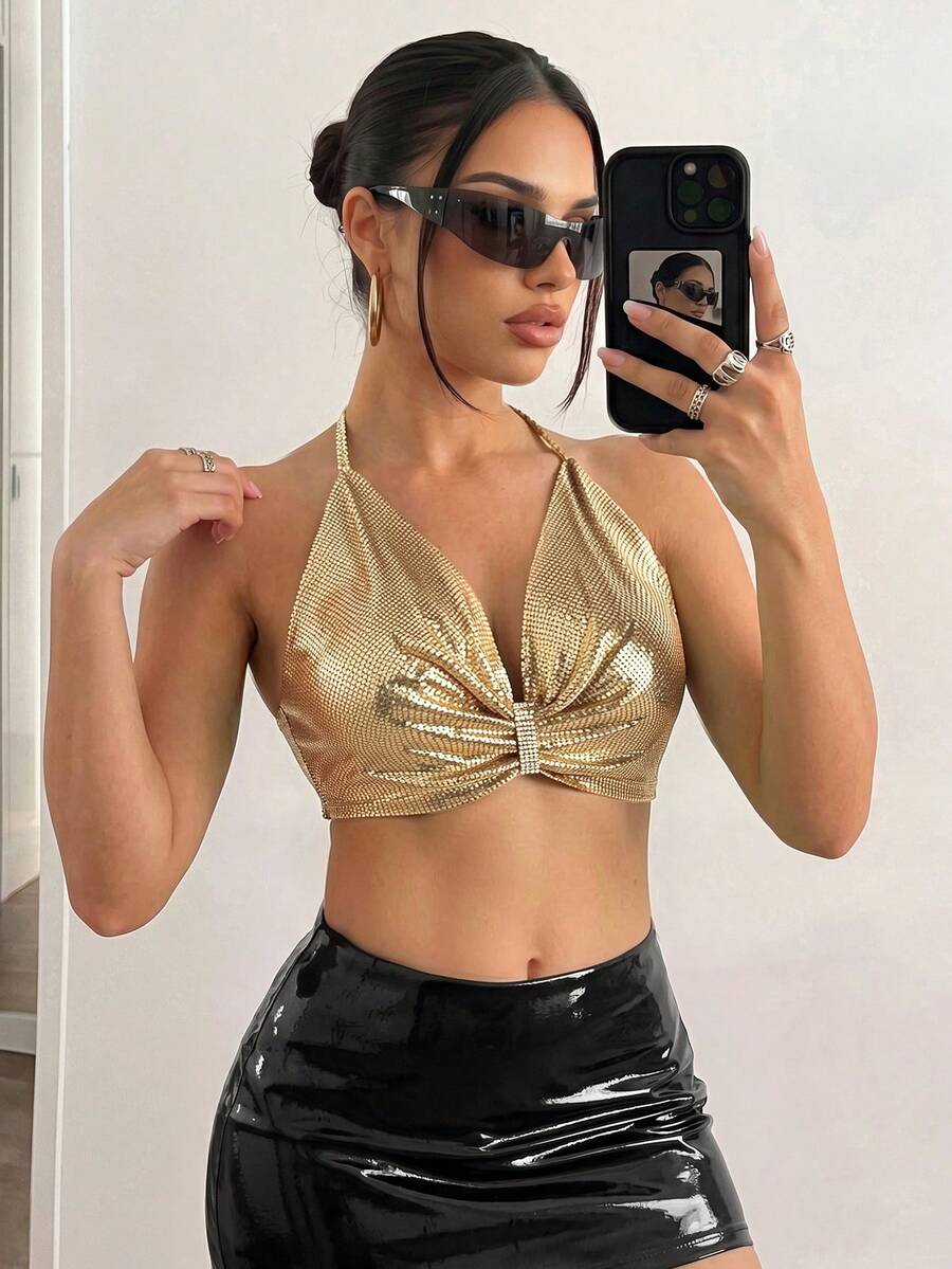 SomedayCozy Women's Metallic Sequin Patchwork Crop Top, Suitable For Halloween, Stage Performance, Evening Party Summer - Gold - View 1