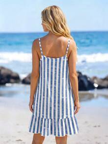 SHEIN LUNE Women's Blue-White Striped Elegant Mini Ruffle Hem Cami Dress, For Vacation, Date, Party, Cocktail, - Multicolor - View 2