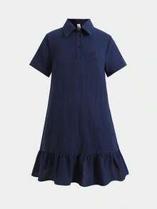 SHEIN 青少年女孩深藍色 Polo 領刺繡圖案荷葉邊休閒洋裝，校服風格，適合學校、戶外活動、購物、日常穿著 - 藏蓝色 - 查看 7