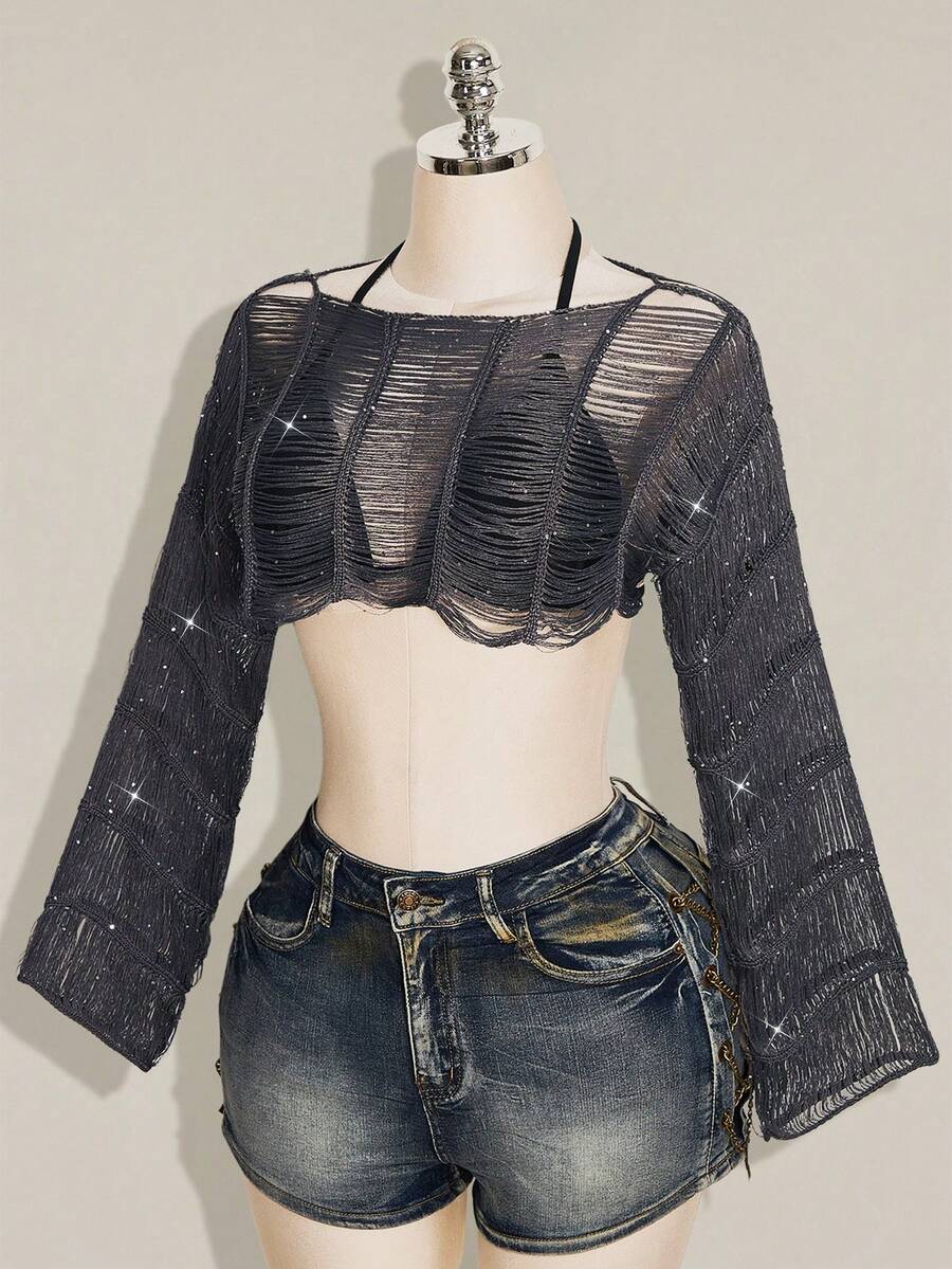 SHEIN ICON 女款素色時尚百搭日常穿著短版長袖針織衫 - 深灰色 - 查看 1