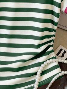 Franclia 女款休閒上衣 夏季新款 騎行 學生 教師節 條紋圖案 多色條紋 修身夏季新款T恤 白色 綠色 玫瑰紅 配色設計 女款T恤 - 彩色 - 查看 3