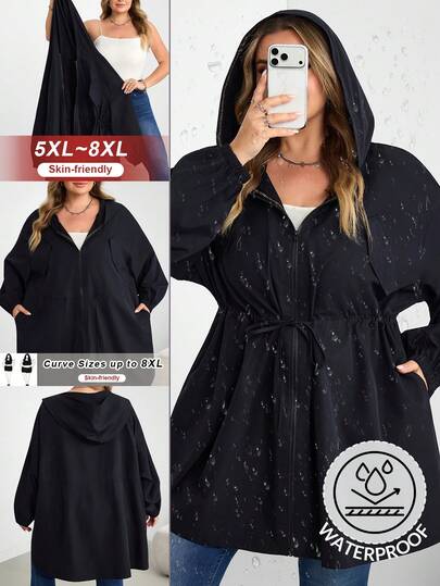 SHEIN CURVE+ Áo khoác chống nắng thường ngày có mũ, thắt eo, màu trơn cho nữ size lớn, mùa hè