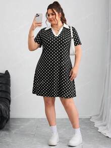 SHEIN CURVE+ 大尺碼拼色翻領短袖休閒1920年代風洋裝，度假款，2026秋冬 22W - 黑與白 - 查看 7