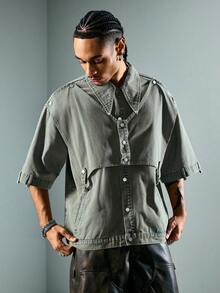 ROMWE MEN Grunge Punk Men's Summer Casual Structured Short Sleeve Denim Shirt - Blue - View 4