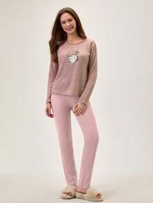 Loomlin Women 2 Pcs Rib Knit Cute Cartoon Embroidery Detail Homewear Comfort Pajama Set - Multicolor - View 3
