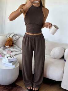 SHEIN EZwear 女款純色百褶掛脖上衣與長褲休閒日常套裝 - 巧克力棕 - 查看 4