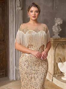 Serin Plus Size Elegant Romantic Champagne Gold Boat Neck Drop Shoulder Luxury Beaded Embroidery Mesh Tassel Mermaid Hem Dress, Wedding Party Celebration - Champagne - View 7