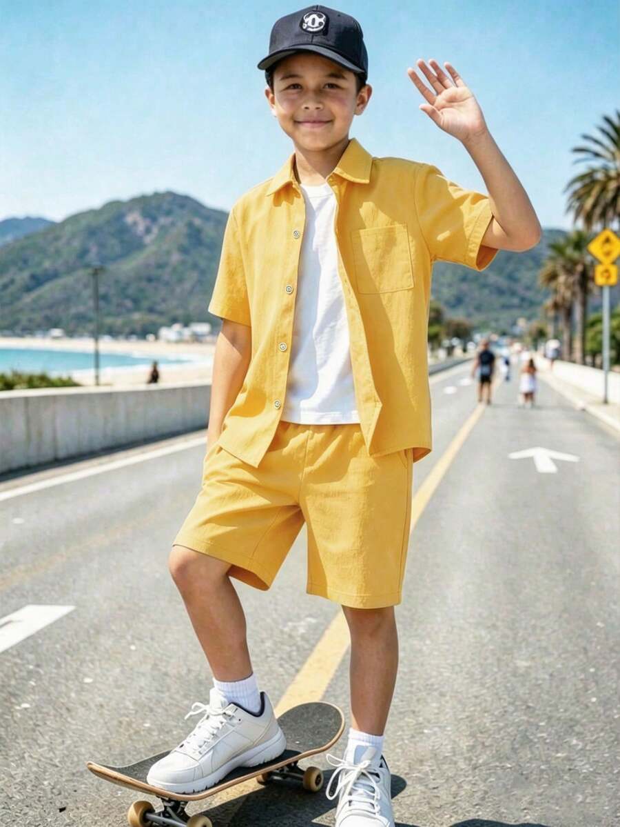 SHEIN Tween Boy Summer Casual Solid Color Shirt & Shorts 2 Pieces Set - Yellow - View 1