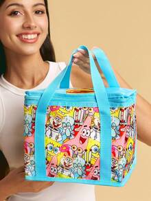 SpongeBob SquarePants | SHEIN 卡通海綿角色主題印花大容量保溫便當袋，藍色飾邊，可攜式保冷手提袋，適用野餐、學校與日常使用 - 藍黃色 - 查看 1