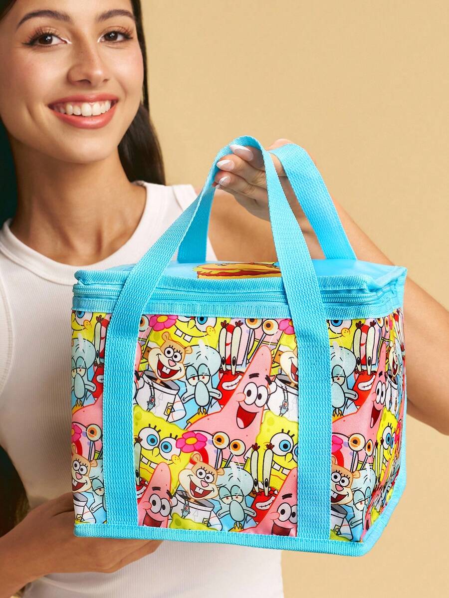 SpongeBob SquarePants | SHEIN 卡通海綿角色主題印花大容量保溫便當袋,藍色飾邊,可攜式保冷手提袋,適用野餐、學校與日常使用 - 藍黃色 - 查看 1