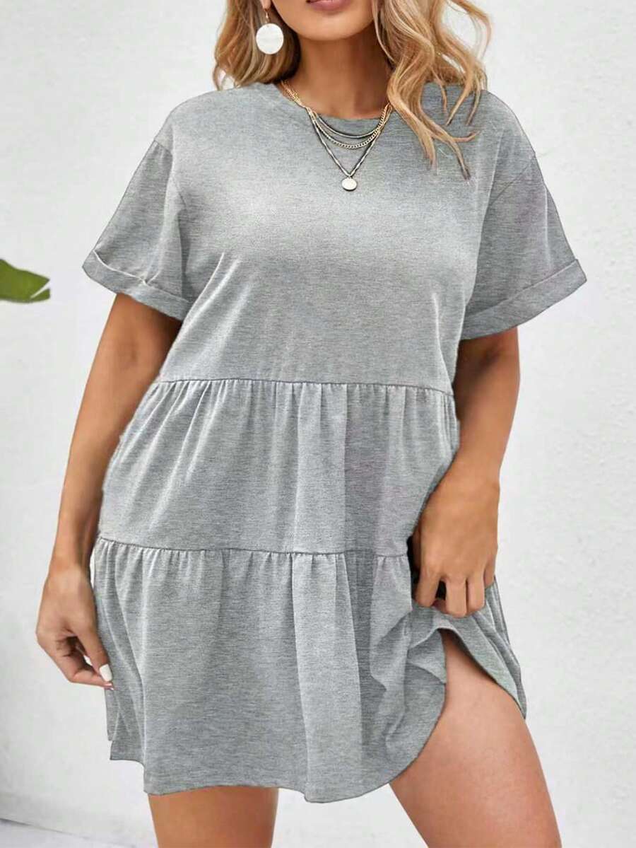 EMERY ROSE Plus Size Round Neck Solid Color Short Sleeve Tiered Loose Dress Dinner Date Night Grey Summer - Grey - View 1