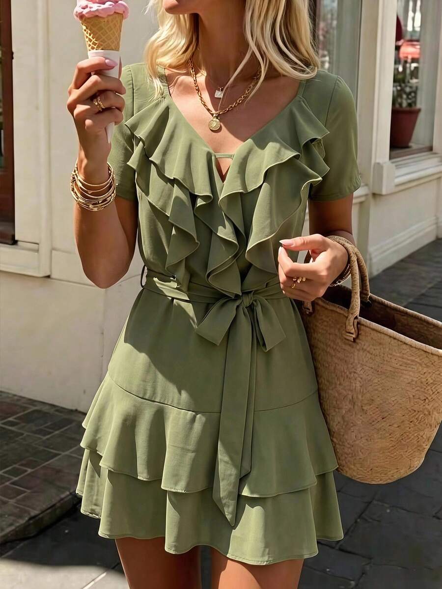 SHEIN Frenchy Women's Summer Casual Elegant Solid Color Ruffle Short Dress Vacation Sage Green