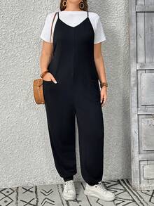 SHEIN CURVE+ Women's Plus Size Strappy Jumpsuit Suitable For City Commute Brunch Outfits Fall Vacation Funeral Black Casual Cargo Baggy Soft Form White - Black - View 3