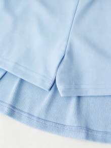 Tween Girls Ribbed Cropped Waist T-Shirt And Pleated Mini Skirt Set - Blue - View 7